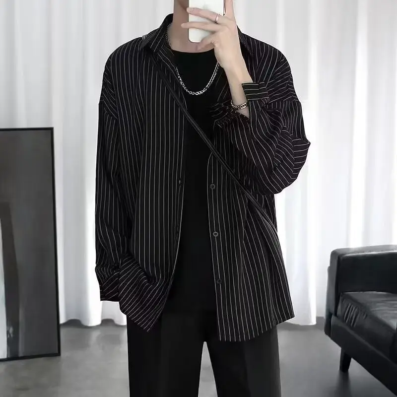 Long Sleeve Striped Shirt Men's White Black Casual Top — feature 4