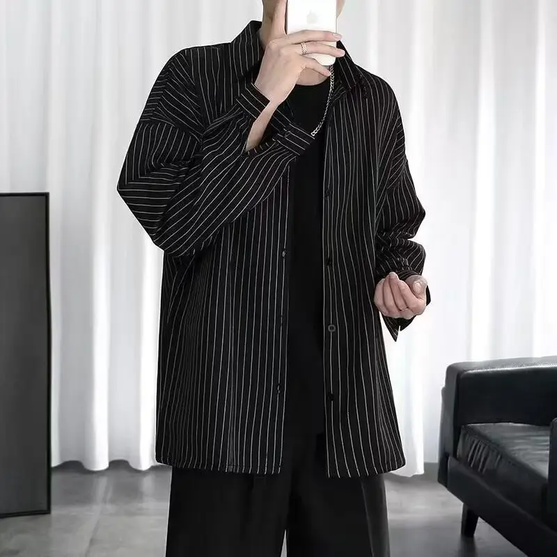 Long Sleeve Striped Shirt Men's White Black Casual Top — feature 5
