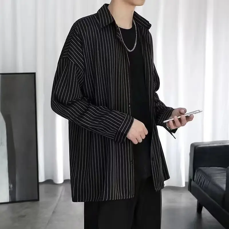 Long Sleeve Striped Shirt Men's White Black Casual Top — feature 6