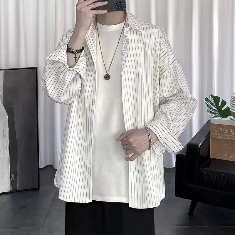 Long Sleeve Striped Shirt Men's White Black Casual Top — feature 7
