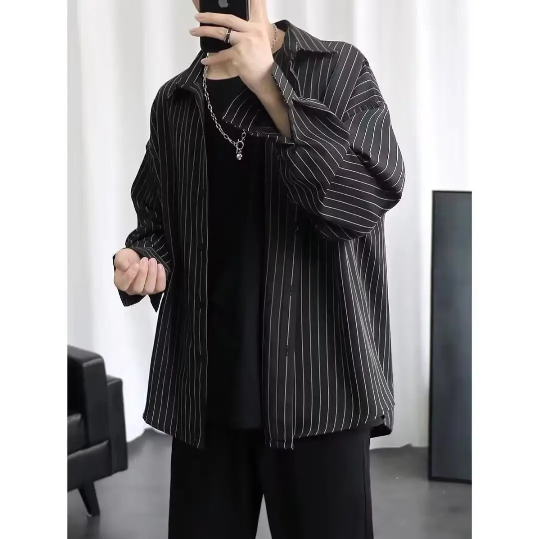 Long Sleeve Striped Shirt Men's White Black Casual Top — feature 8