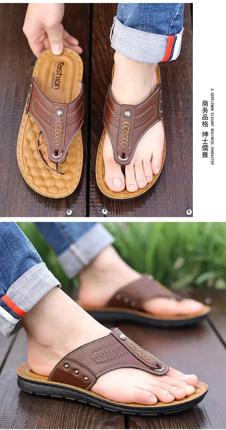 New summer genuine leather sandals non-slip fashionable slippers Korean style flip flops casual beach shoes one-piece delivery — feature 11