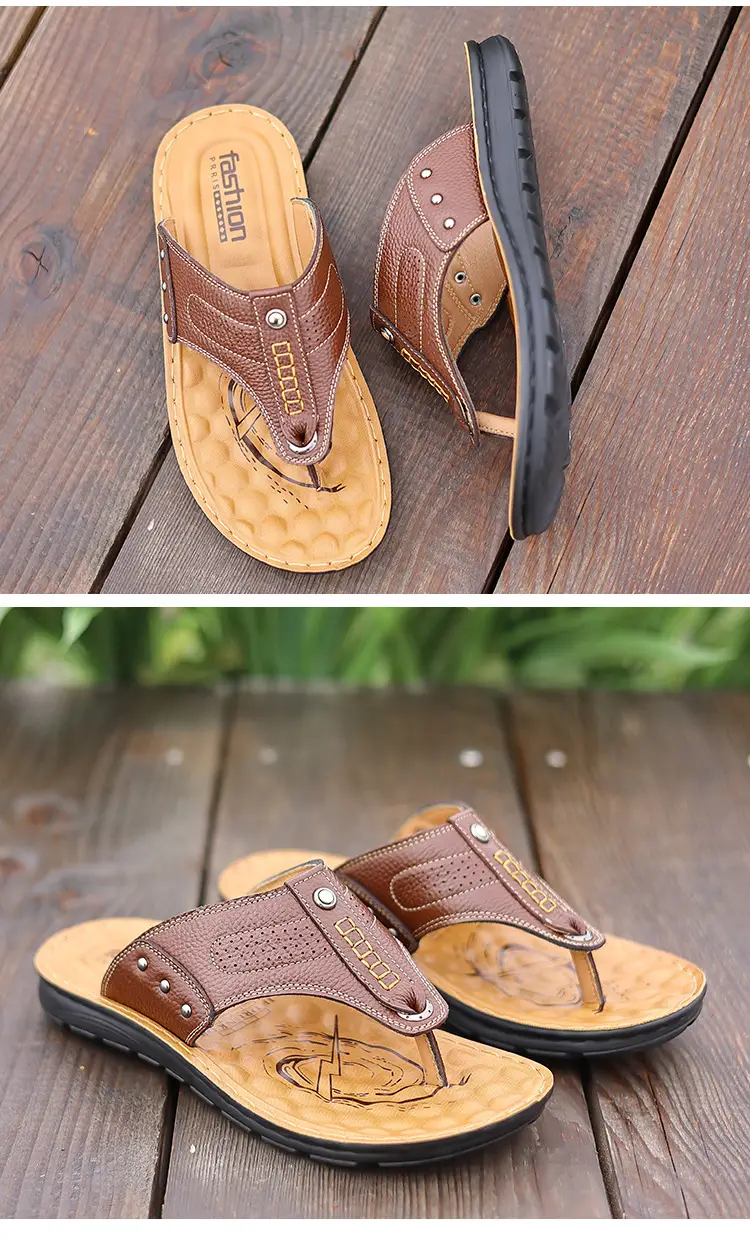 New summer genuine leather sandals non-slip fashionable slippers Korean style flip flops casual beach shoes one-piece delivery — feature 12