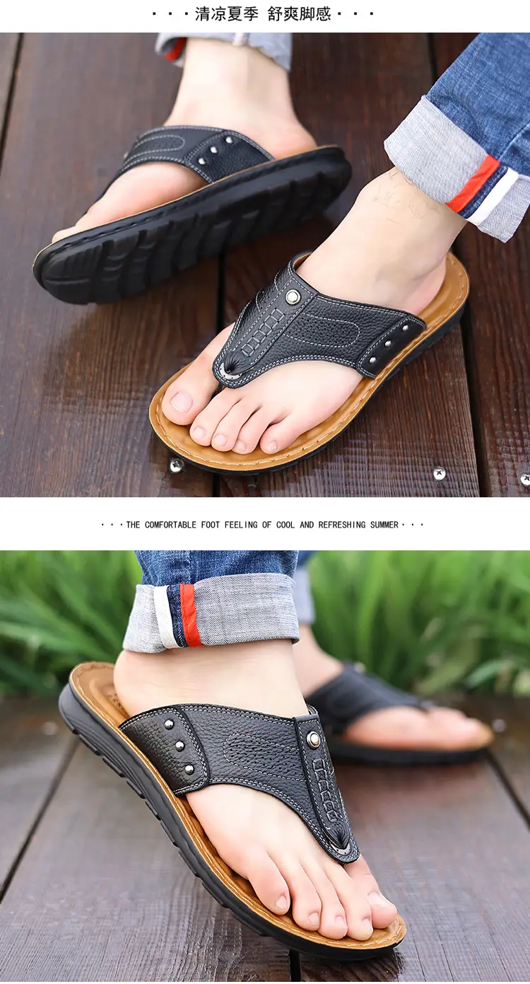 New summer genuine leather sandals non-slip fashionable slippers Korean style flip flops casual beach shoes one-piece delivery — feature 13