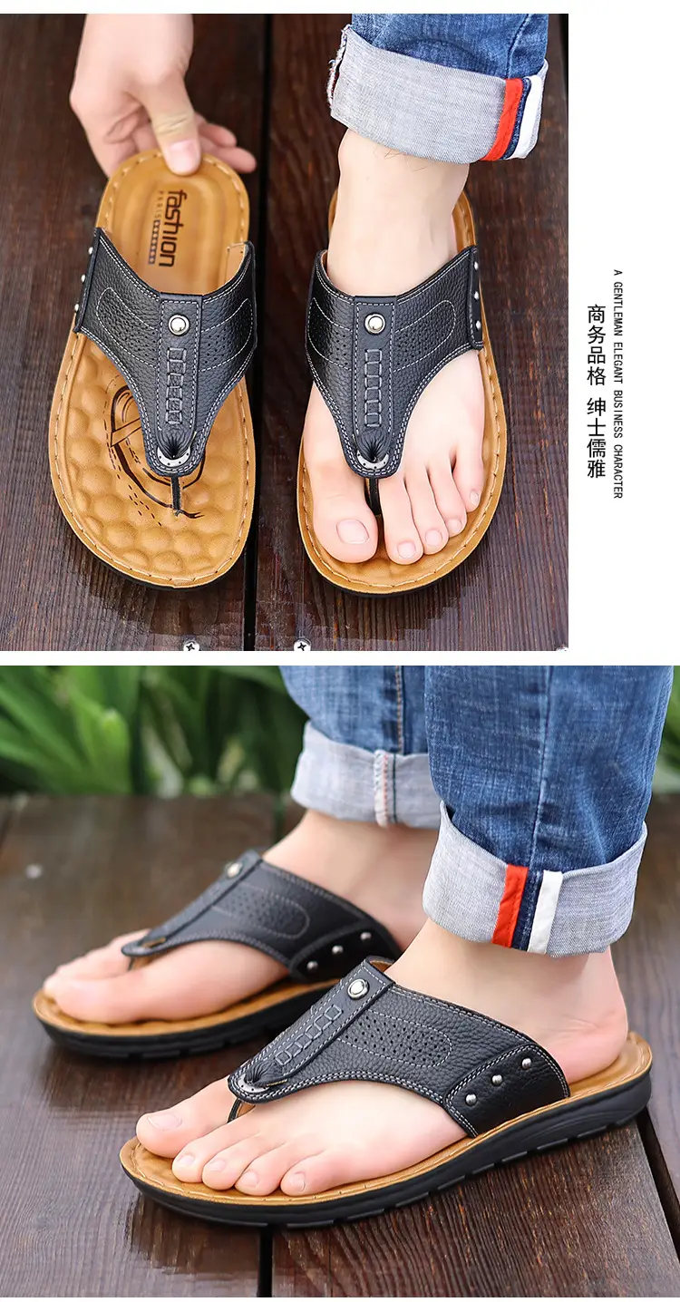 New summer genuine leather sandals non-slip fashionable slippers Korean style flip flops casual beach shoes one-piece delivery — feature 14