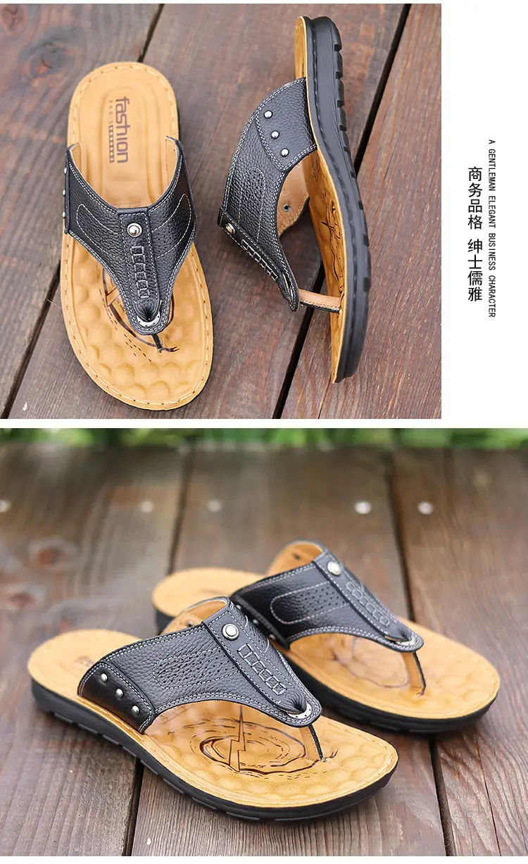 New summer genuine leather sandals non-slip fashionable slippers Korean style flip flops casual beach shoes one-piece delivery — feature 15