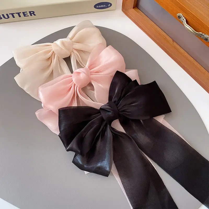 Korean Style Bow Ribbon Hair Clips Black Pink Blue - Image 6