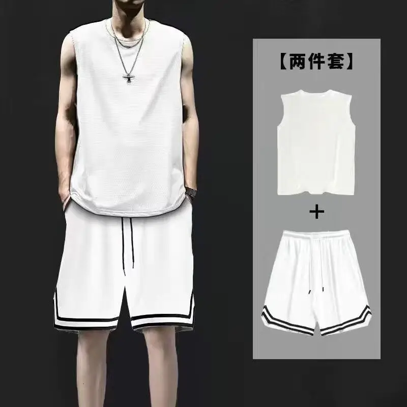 Men White Sleeveless Basketball Vest Shorts Set - Image 3