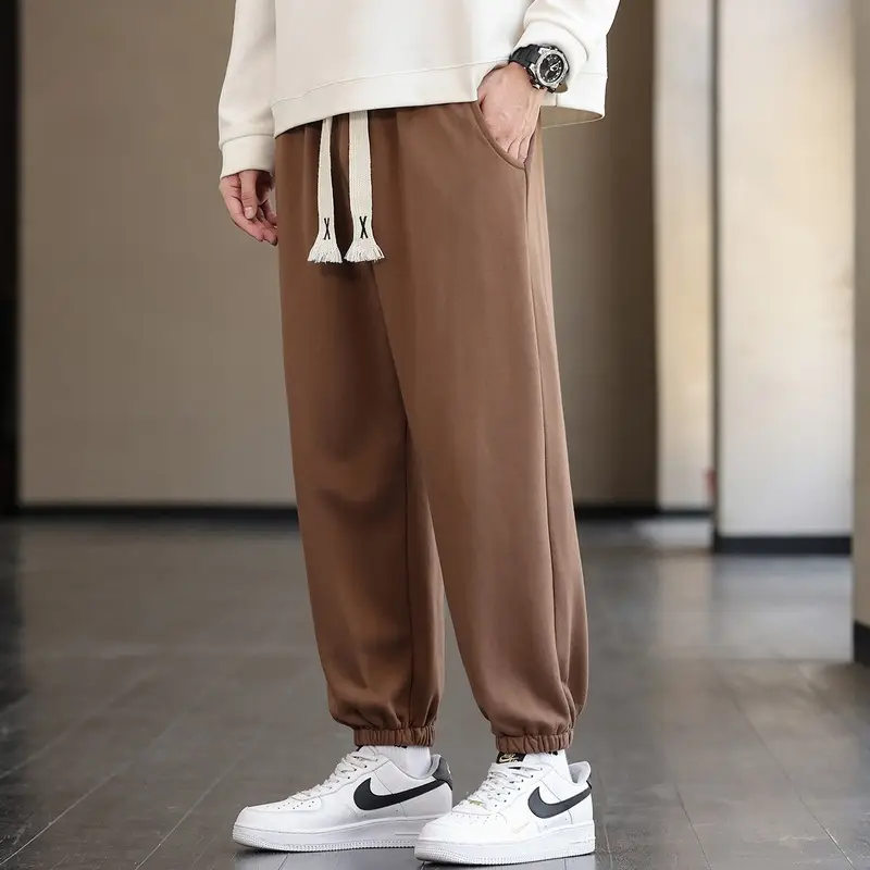 Men's Brown Cotton Leg-Tie Pants with White Sneakers - Image 3