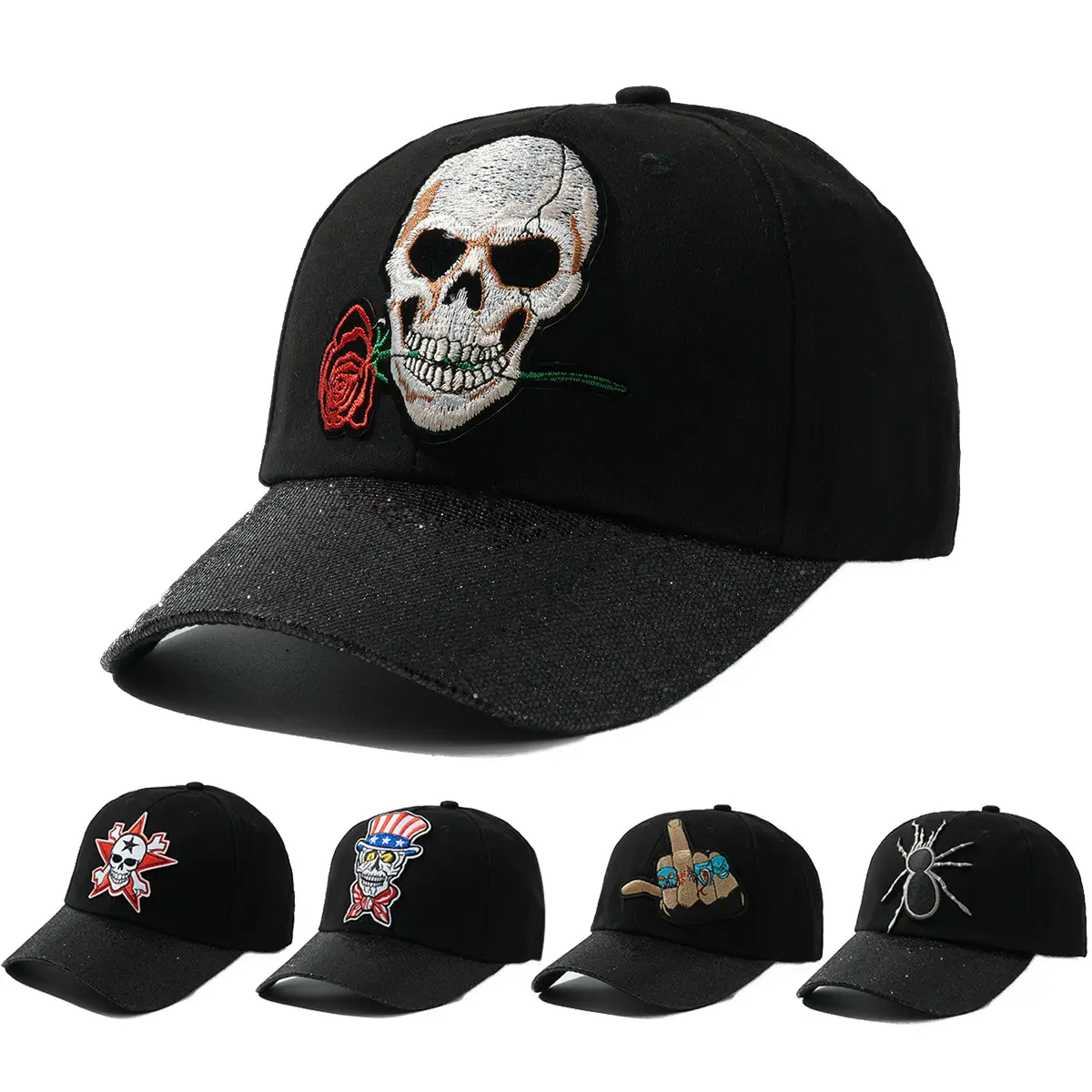 Black Embroidered Skull Baseball Cap Halloween Play - Image 6