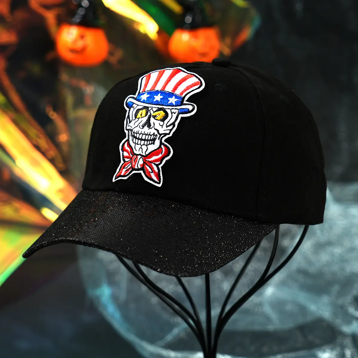 Black Embroidered Skull Baseball Cap Halloween Play - Image 7