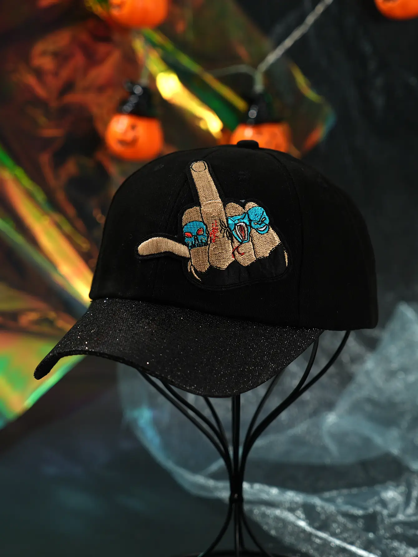 Black Embroidered Skull Baseball Cap Halloween Play — feature 1