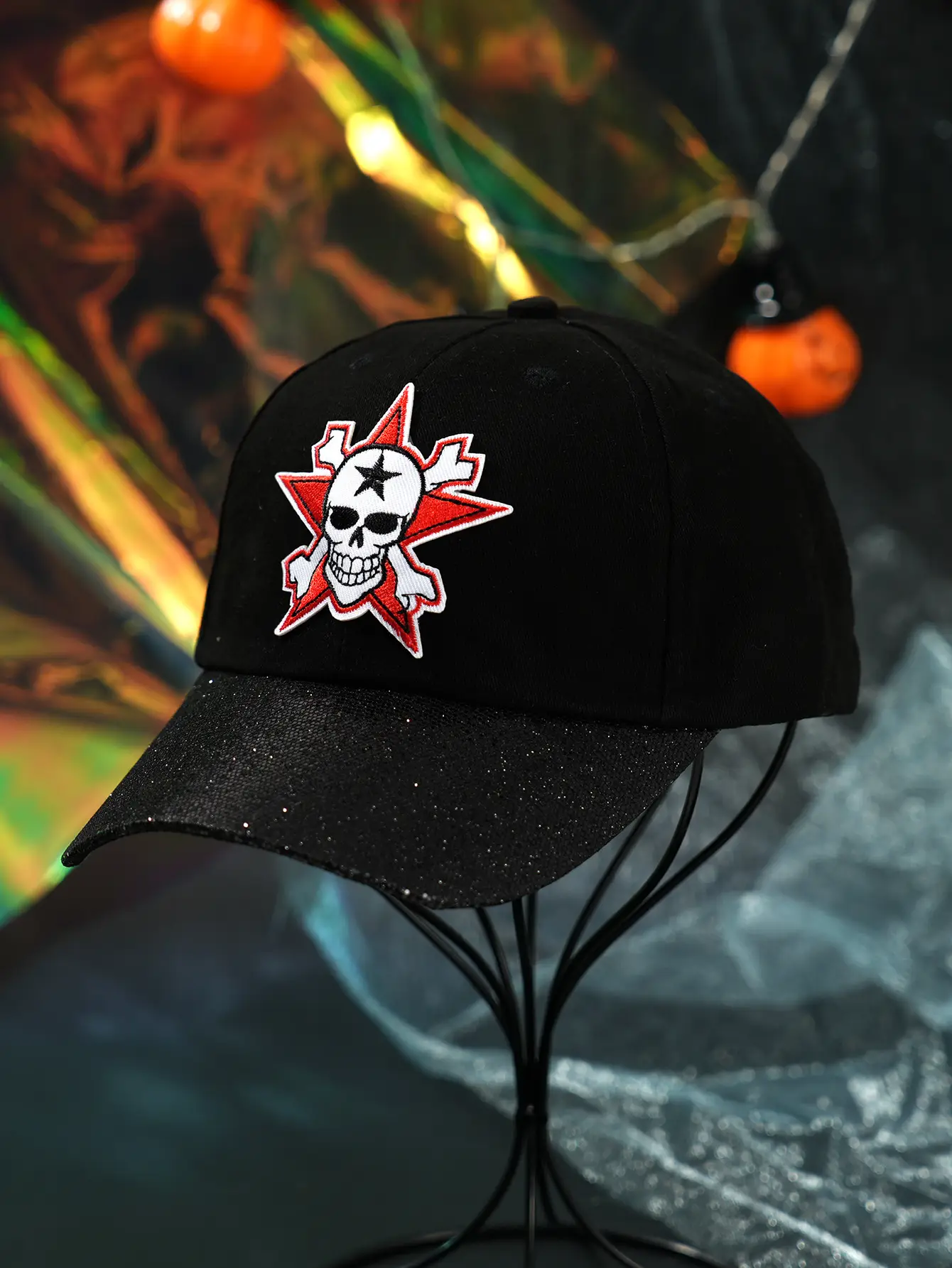 Black Embroidered Skull Baseball Cap Halloween Play — feature 12