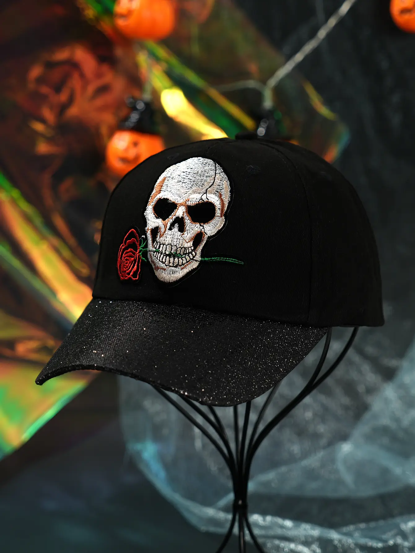 Black Embroidered Skull Baseball Cap Halloween Play — feature 17