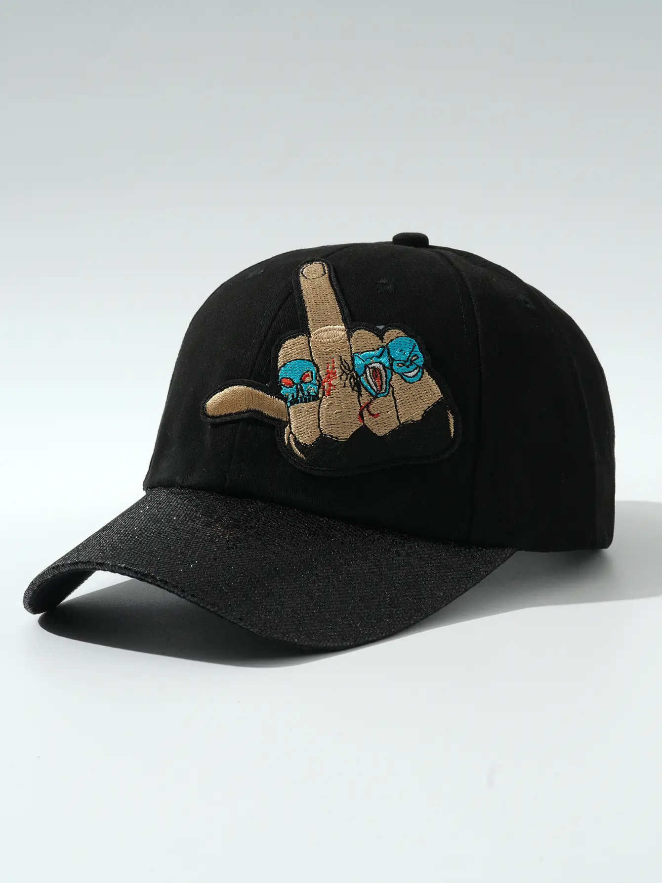 Black Embroidered Skull Baseball Cap Halloween Play — feature 3