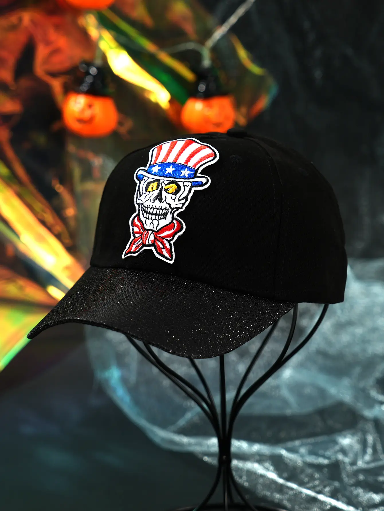 Black Embroidered Skull Baseball Cap Halloween Play — feature 7