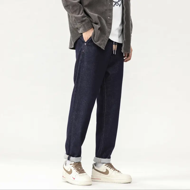 Men Dark Blue Wash Cotton Jeans Loose Fit