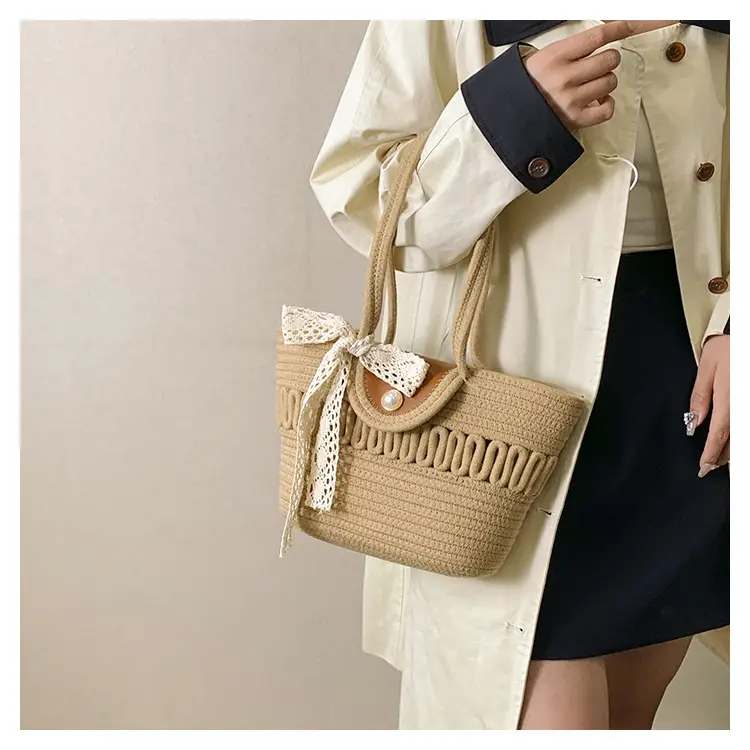 Women's Large Capacity woven straw tote bag with pearl buckle — feature 10