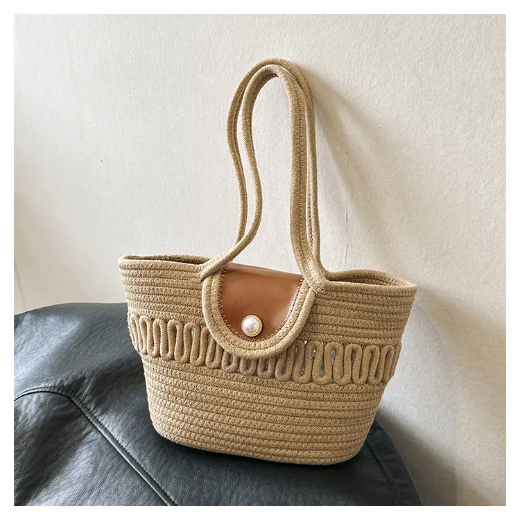 Women's Large Capacity woven straw tote bag with pearl buckle — feature 21