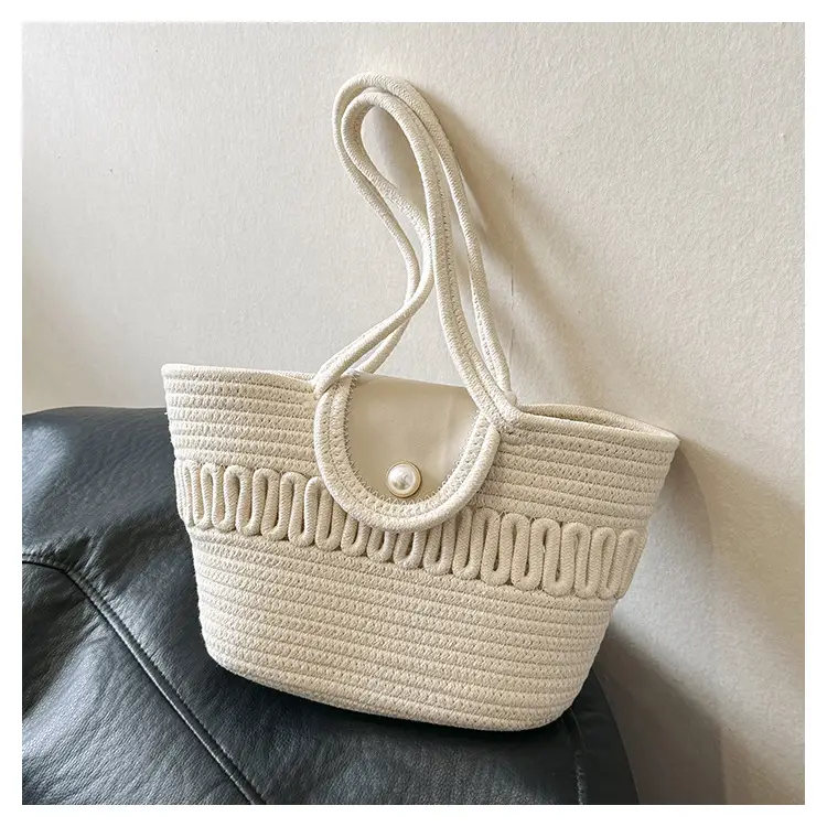 Women's Large Capacity woven straw tote bag with pearl buckle — feature 22