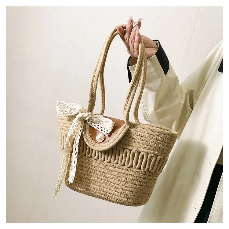 Women's Large Capacity woven straw tote bag with pearl buckle — feature 9