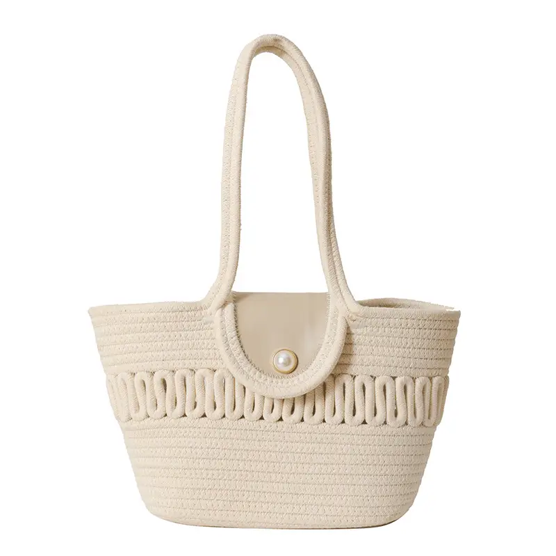 Women's Large Capacity woven straw tote bag with pearl buckle - Image 2