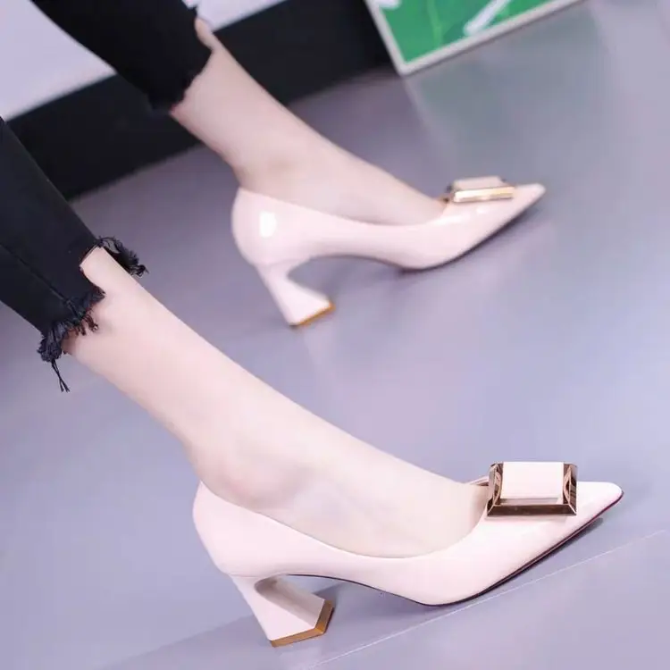 Sexy red high heels for women 2024 New style thick heel pointed toe shallow mouth square buckle French girl patent leather single-layer shoes wedding shoes
