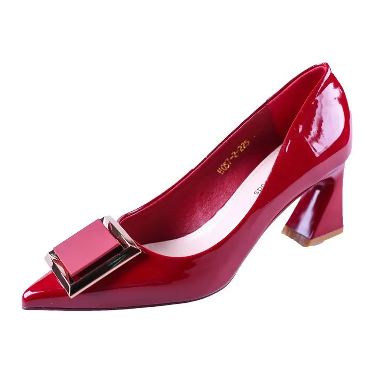 Sexy red high heels for women 2024 New style thick heel pointed toe shallow mouth square buckle French girl patent leather single-layer shoes wedding shoes