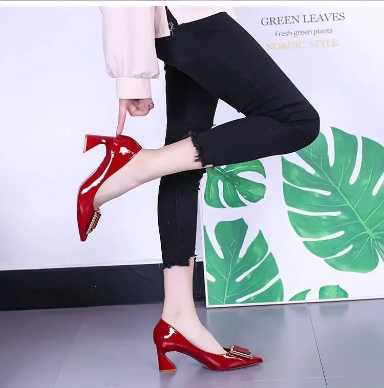 Sexy red high heels for women 2024 New style thick heel pointed toe shallow mouth square buckle French girl patent leather single-layer shoes wedding shoes — feature 1