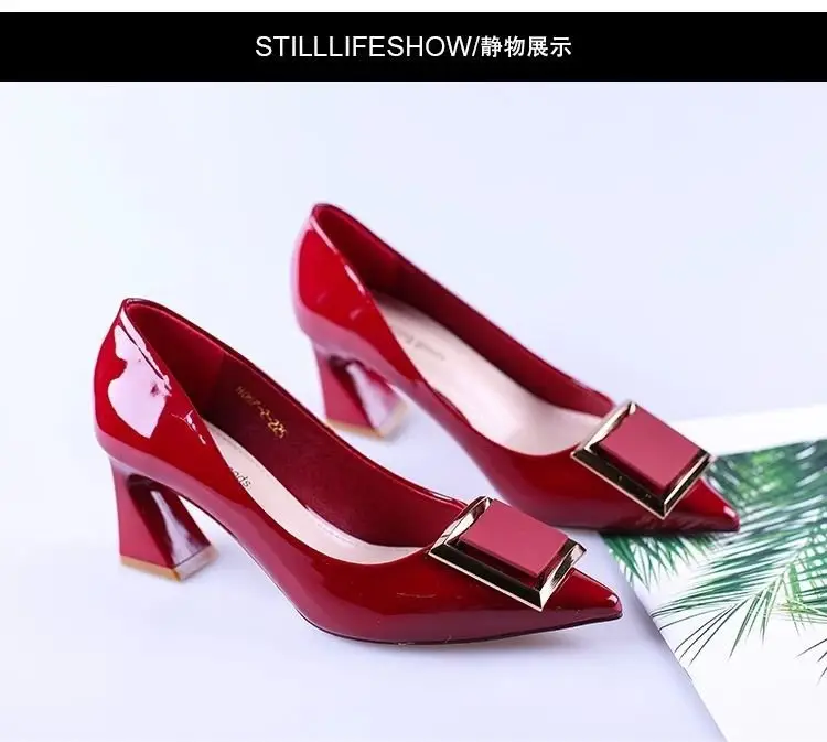 Sexy red high heels for women 2024 New style thick heel pointed toe shallow mouth square buckle French girl patent leather single-layer shoes wedding shoes — feature 2