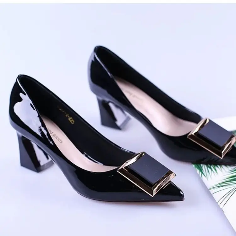 Sexy red high heels for women 2024 New style thick heel pointed toe shallow mouth square buckle French girl patent leather single-layer shoes wedding shoes — feature 4
