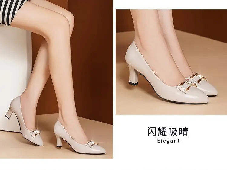 Leather mid-heel single-layer shoes for women 2024 spring new all-match low-cut chunky heel professional commuter high heels — feature 7