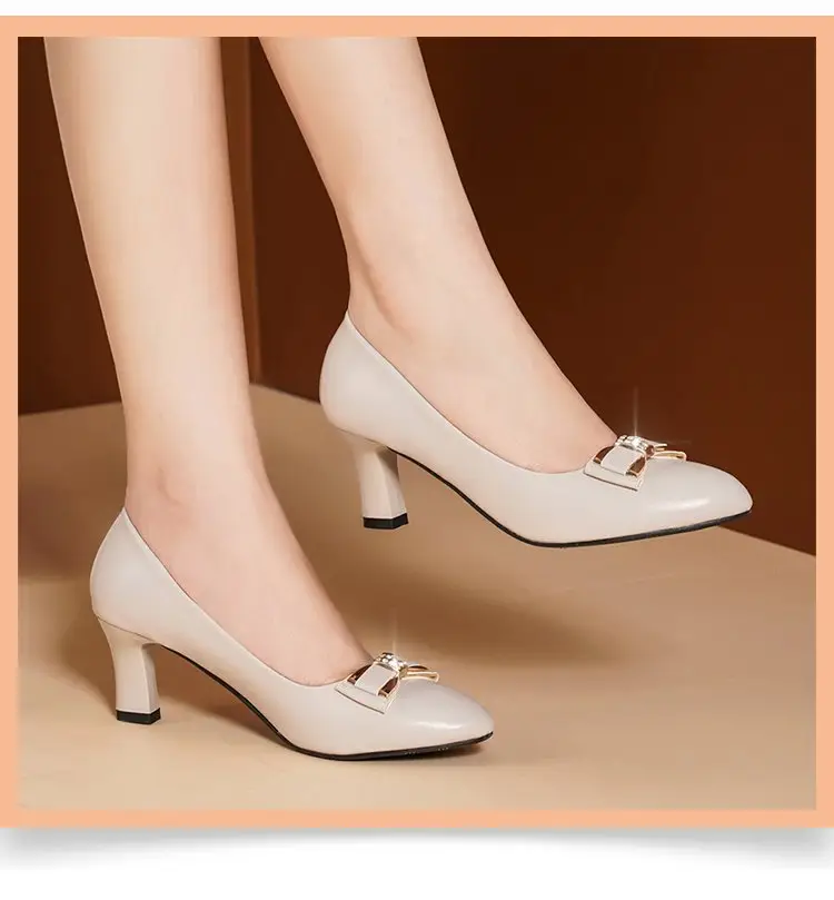 Leather mid-heel single-layer shoes for women 2024 spring new all-match low-cut chunky heel professional commuter high heels — feature 9