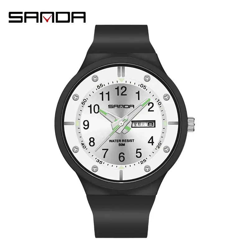 Sanda Black Quartz Dual Calendar Watch for Men Women