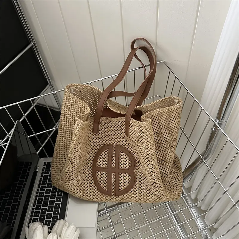 Women's Straw Bag with Logo, Beige Brown, Handbag - Image 6