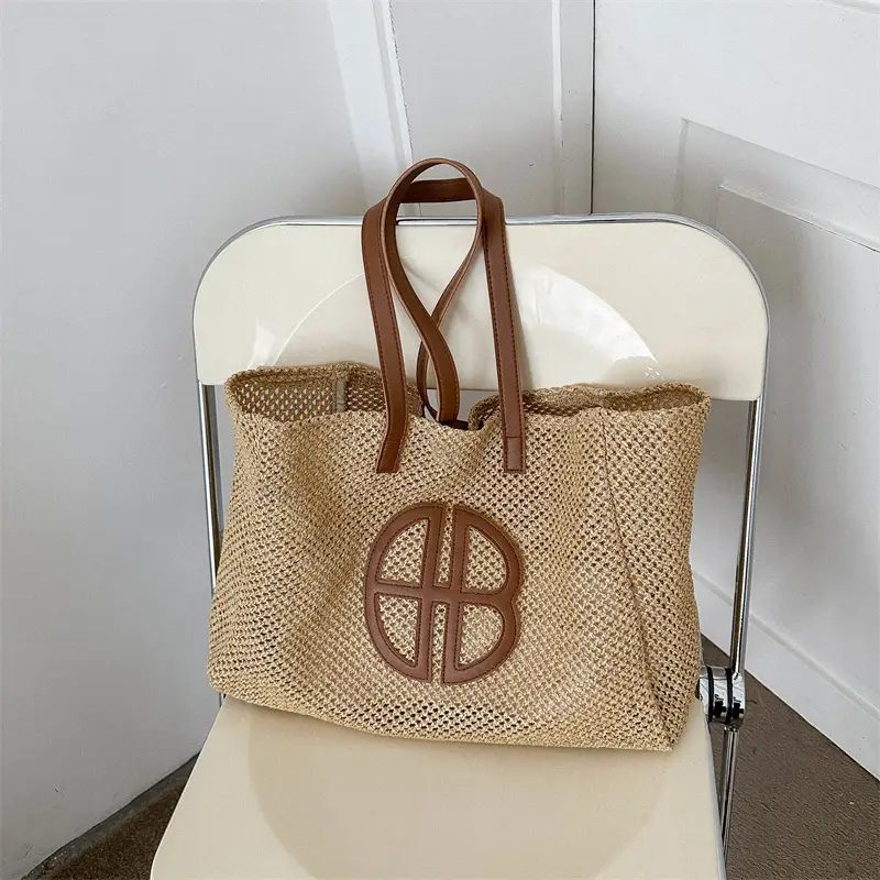 Women's Straw Bag with Logo, Beige Brown, Handbag - Image 7