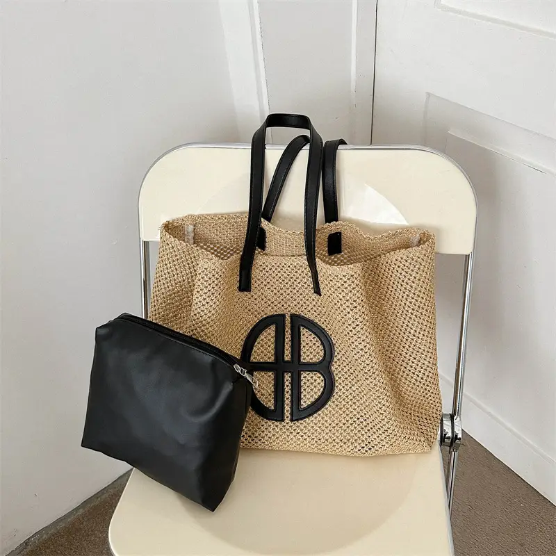 Women's Straw Bag with Logo, Beige Brown, Handbag - Image 8