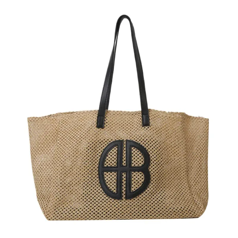 Women's Straw Bag with Logo, Beige Brown, Handbag - Image 9
