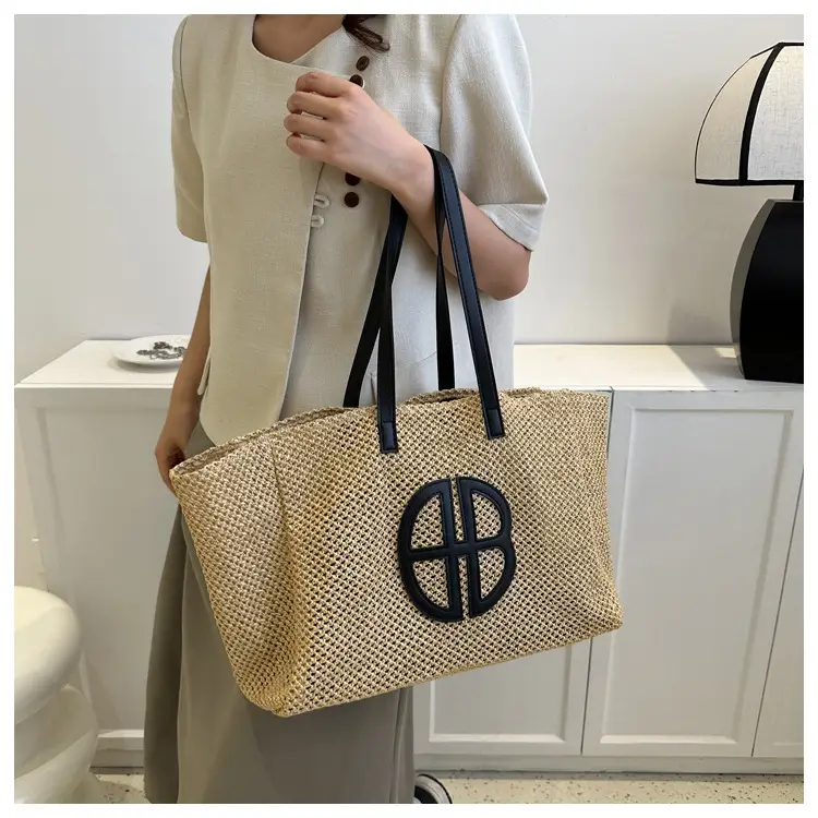 Women's Straw Bag with Logo, Beige Brown, Handbag — feature 10