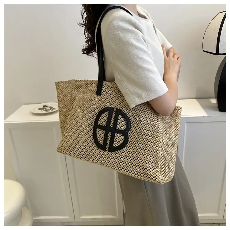 Women's Straw Bag with Logo, Beige Brown, Handbag — feature 11