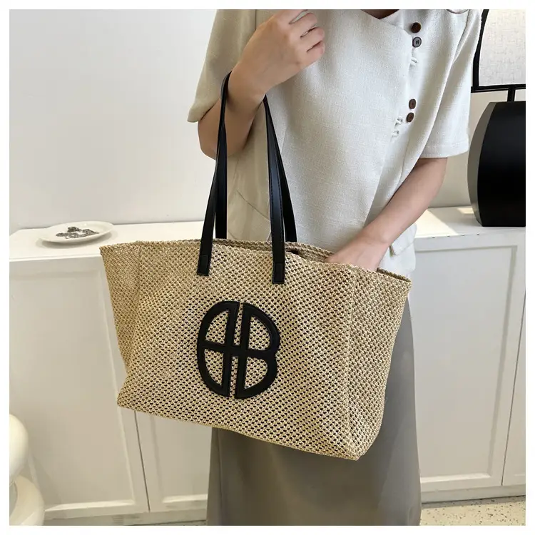 Women's Straw Bag with Logo, Beige Brown, Handbag — feature 12