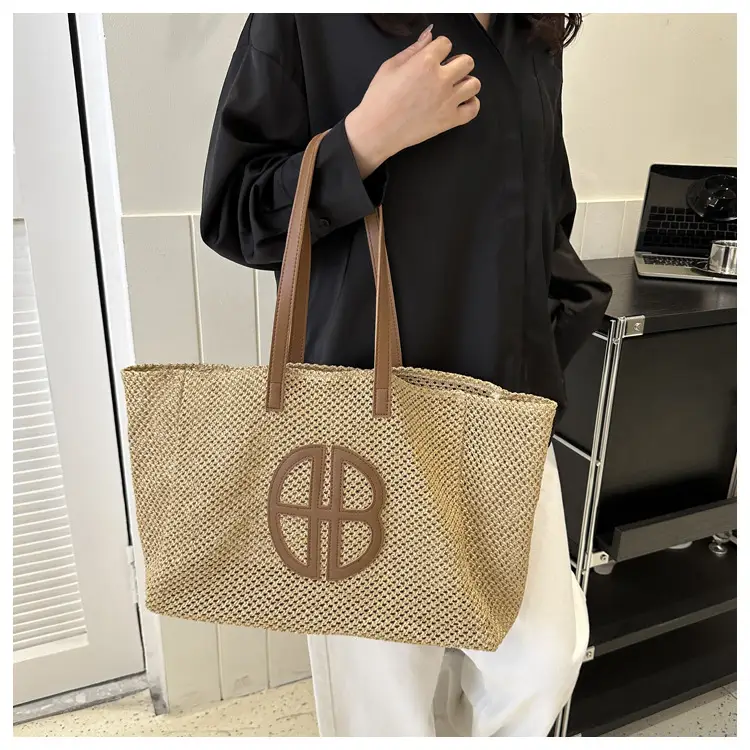 Women's Straw Bag with Logo, Beige Brown, Handbag — feature 13