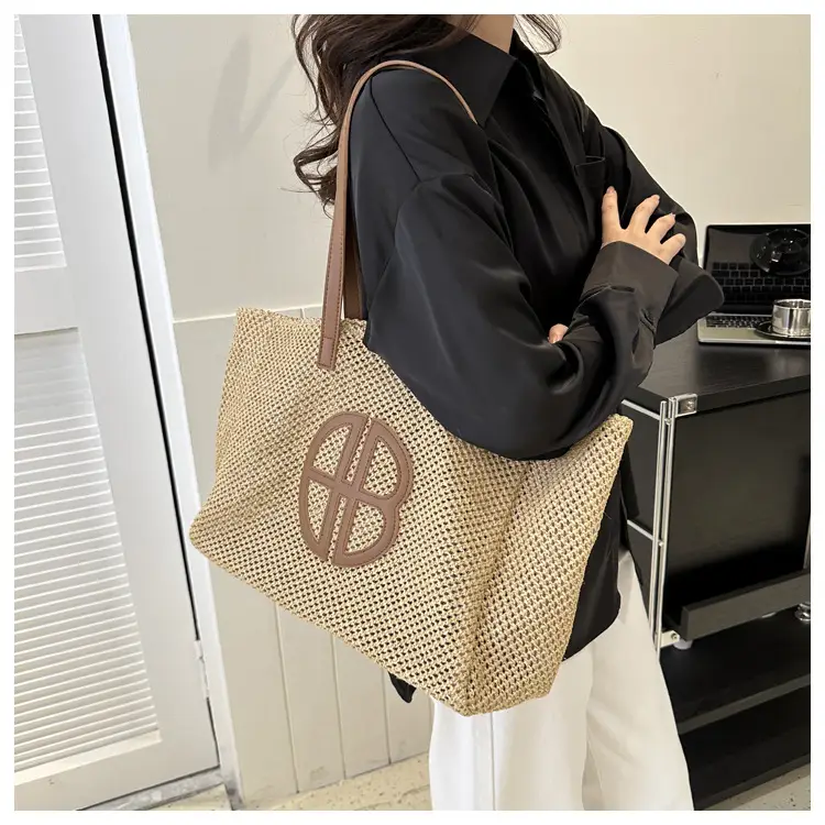 Women's Straw Bag with Logo, Beige Brown, Handbag — feature 14