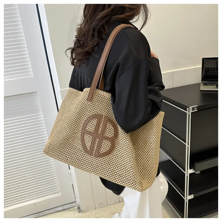 Women's Straw Bag with Logo, Beige Brown, Handbag — feature 15
