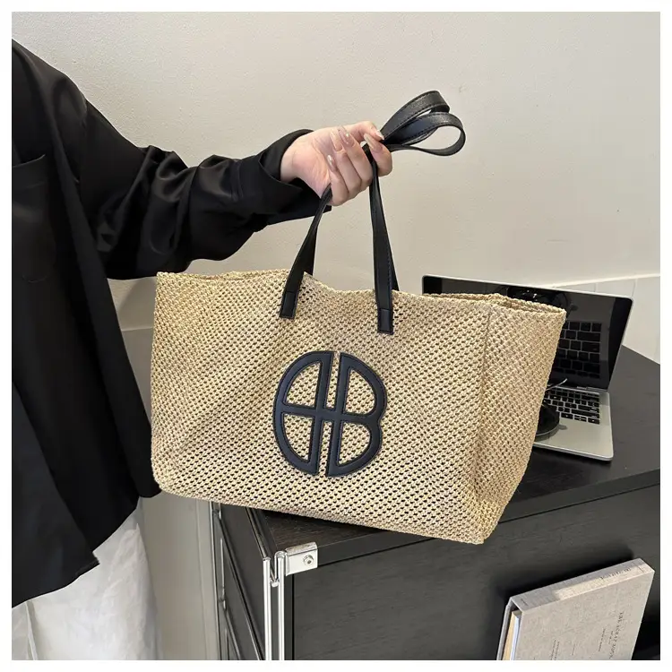 Women's Straw Bag with Logo, Beige Brown, Handbag — feature 16