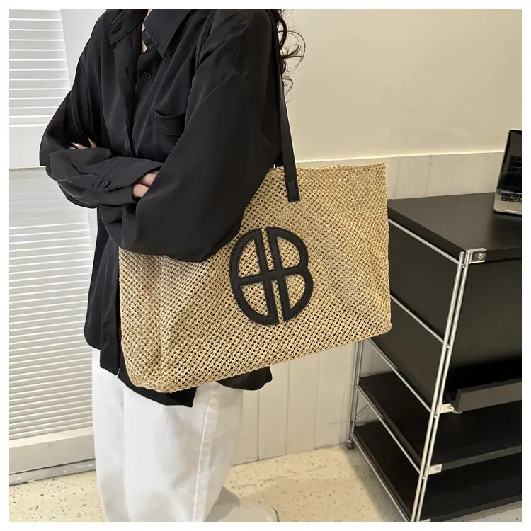 Women's Straw Bag with Logo, Beige Brown, Handbag — feature 17
