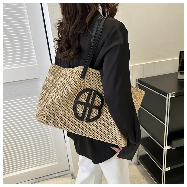 Women's Straw Bag with Logo, Beige Brown, Handbag — feature 18