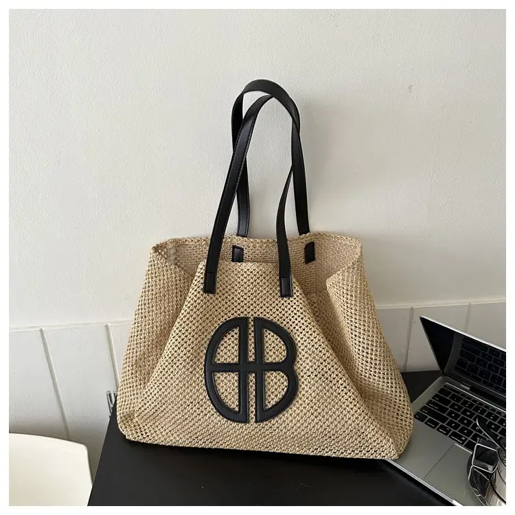 Women's Straw Bag with Logo, Beige Brown, Handbag — feature 19