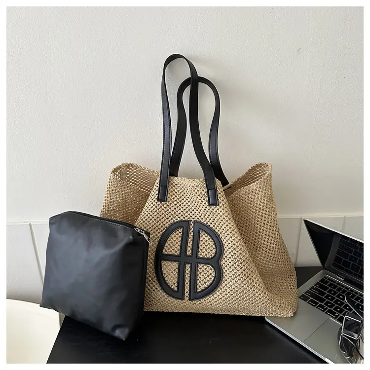 Women's Straw Bag with Logo, Beige Brown, Handbag — feature 20