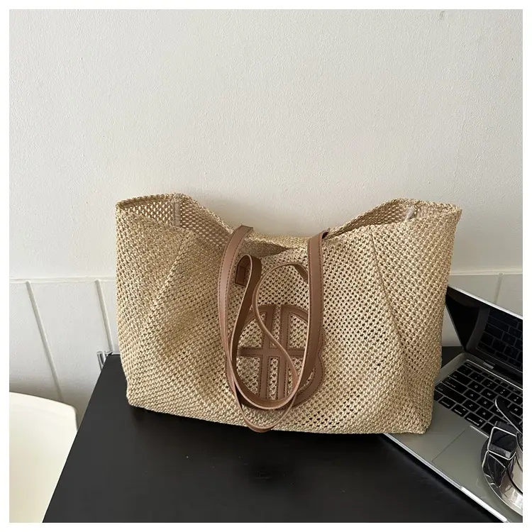 Women's Straw Bag with Logo, Beige Brown, Handbag — feature 21